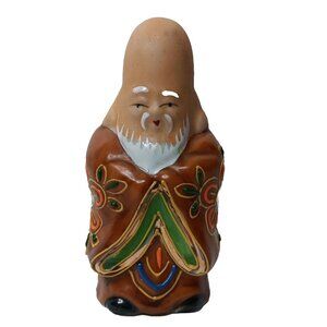 Japanese Kutani Buddah Figurine Handpainted Floral Robe Long Bald Head 3.5" READ